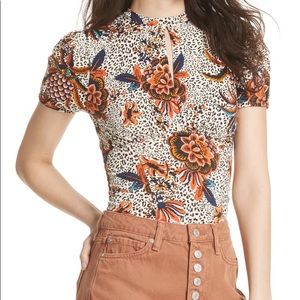 Free People Ivory Floral Keyhole Top with Animal print and flowers